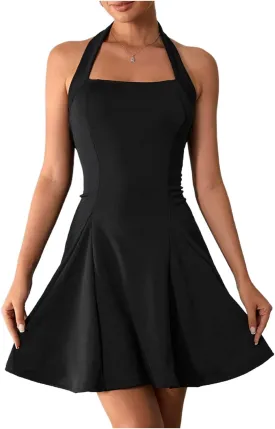 Milumia Women's Halter Mini Dress Backless A Line Flare Party Club Short Dresses