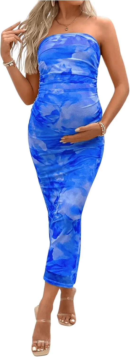 Milumia Women's Maternity Floral Mesh Split Strapless Tube Dress Bodycon Maxi Dresses