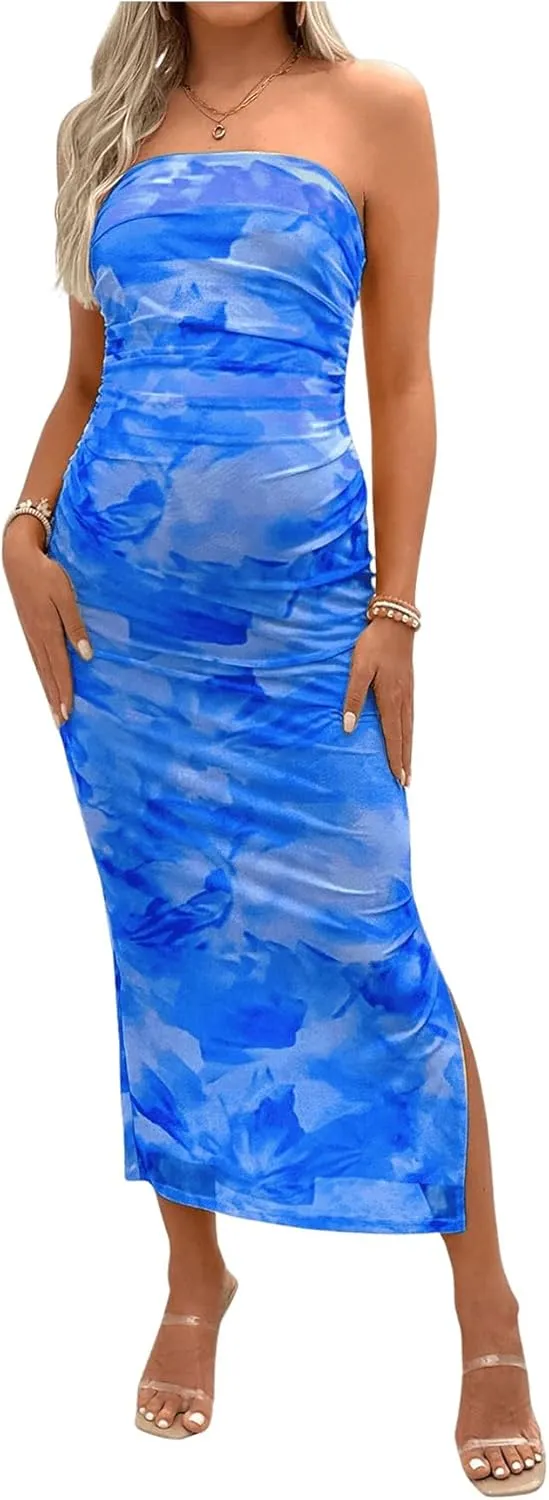 Milumia Women's Maternity Floral Mesh Split Strapless Tube Dress Bodycon Maxi Dresses