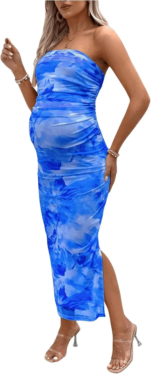 Milumia Women's Maternity Floral Mesh Split Strapless Tube Dress Bodycon Maxi Dresses