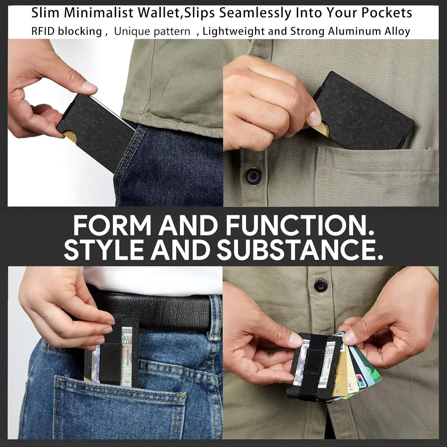 Minimalist Carbon Fiber Wallet for Men, Money Clip Cash Strap Wallet, RFID Blocking Metal Wallet Aluminum Card Holder,Front Pocket Wallet