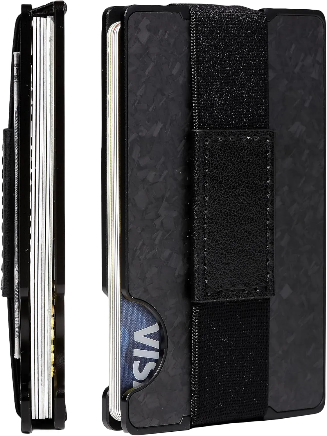 Minimalist Carbon Fiber Wallet for Men, Money Clip Cash Strap Wallet, RFID Blocking Metal Wallet Aluminum Card Holder,Front Pocket Wallet