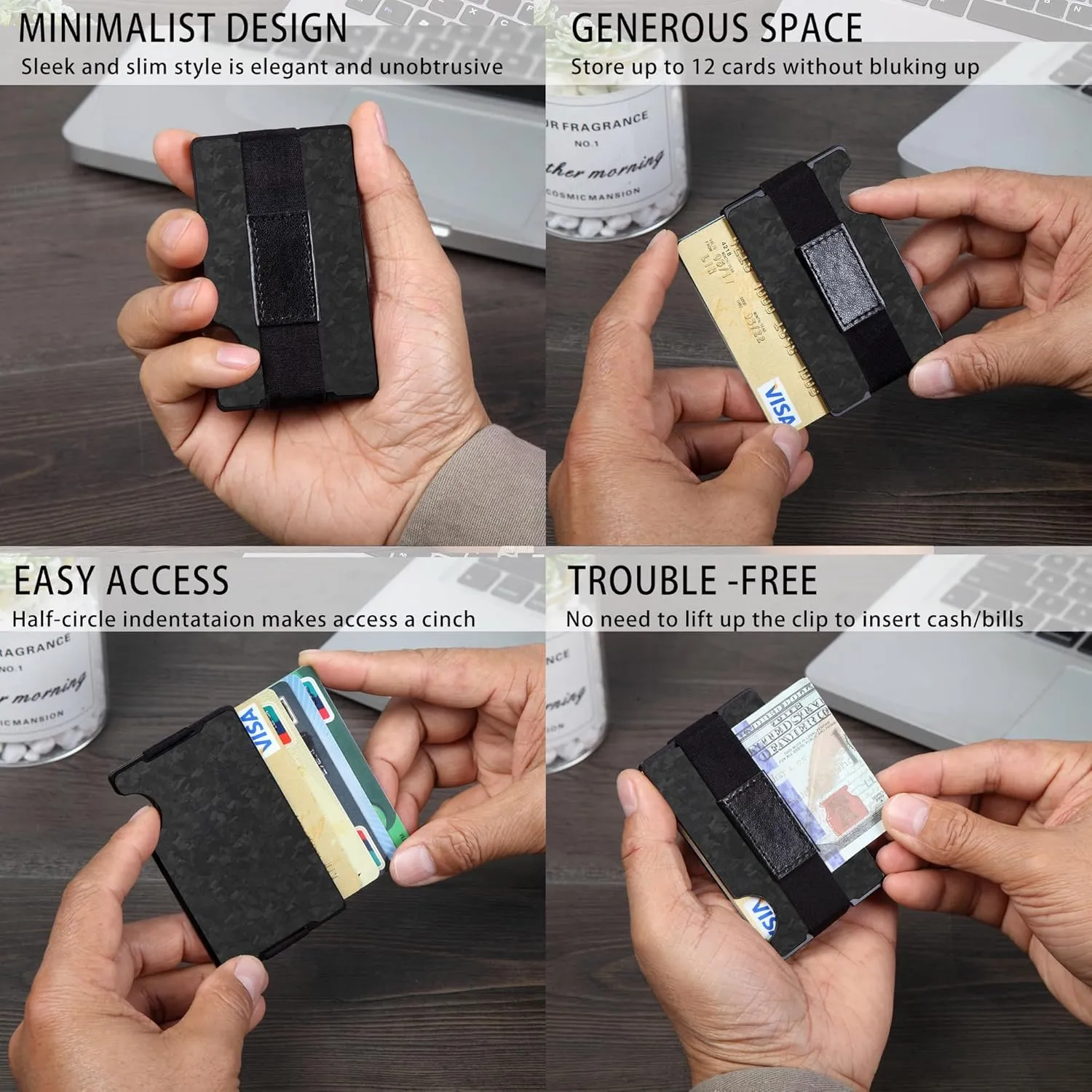 Minimalist Carbon Fiber Wallet for Men, Money Clip Cash Strap Wallet, RFID Blocking Metal Wallet Aluminum Card Holder,Front Pocket Wallet