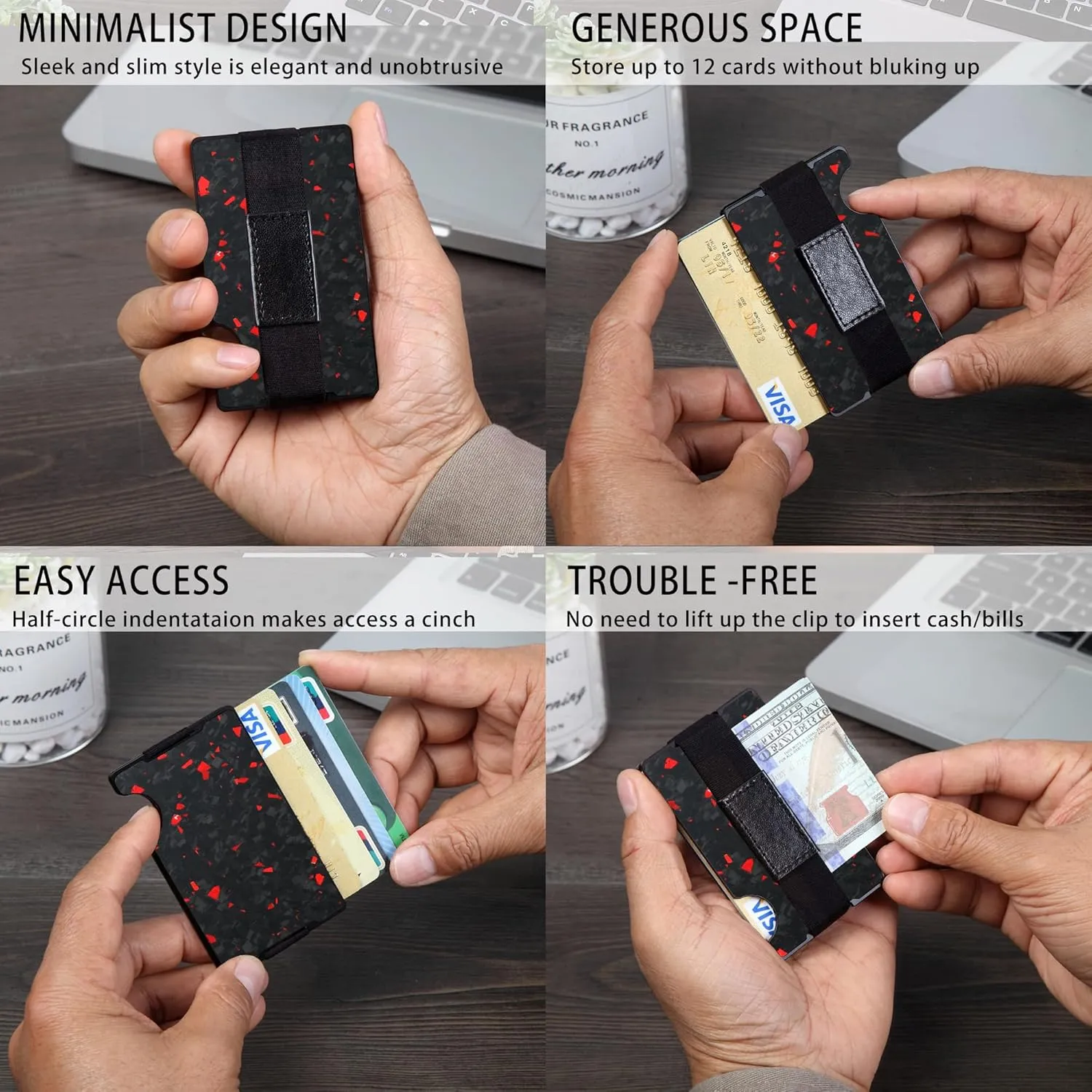 Minimalist Carbon Fiber Wallet for Men, Money Clip Cash Strap Wallet, RFID Blocking Metal Wallet Aluminum Card Holder,Front Pocket Wallet