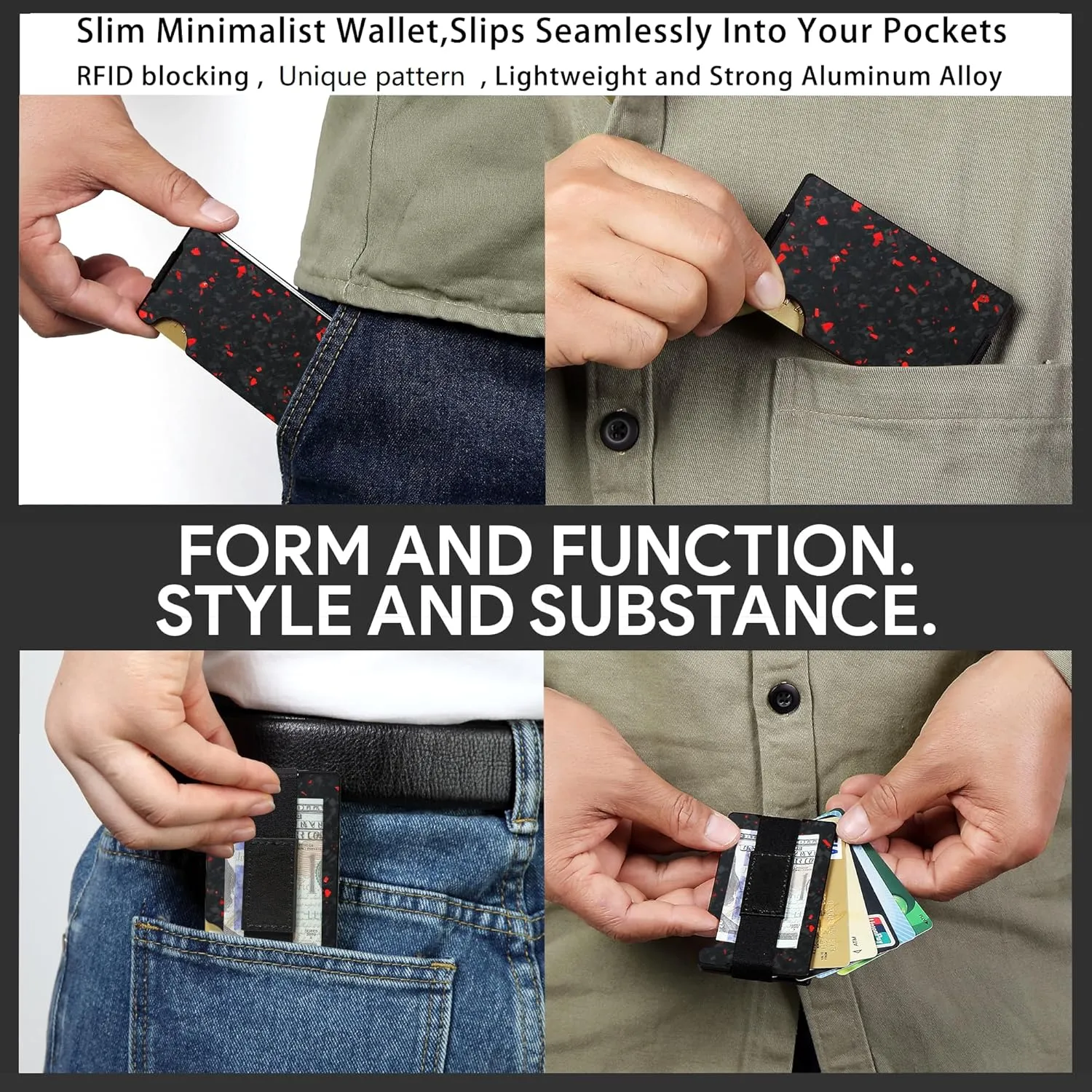 Minimalist Carbon Fiber Wallet for Men, Money Clip Cash Strap Wallet, RFID Blocking Metal Wallet Aluminum Card Holder,Front Pocket Wallet