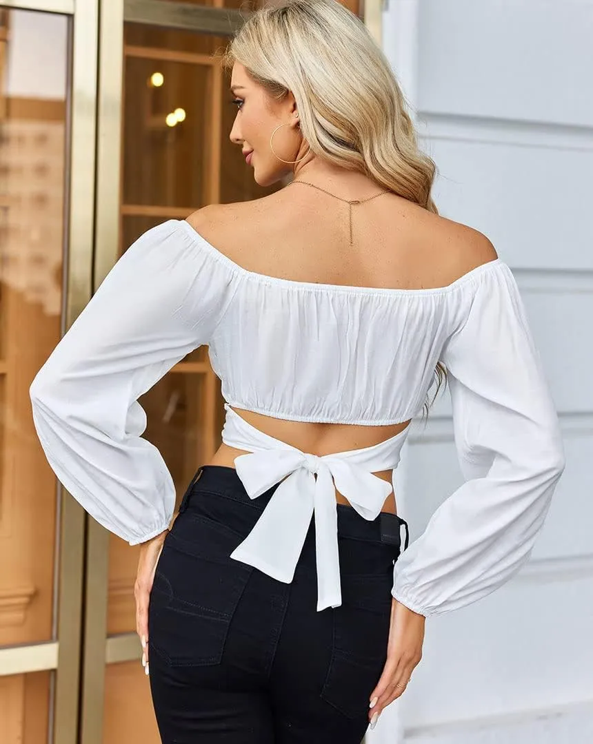 MIRACMODA Woman Off Shoulder Ruched Tie Back Crop Top Summer Lantern Sleeve Boho Shirt Blouse
