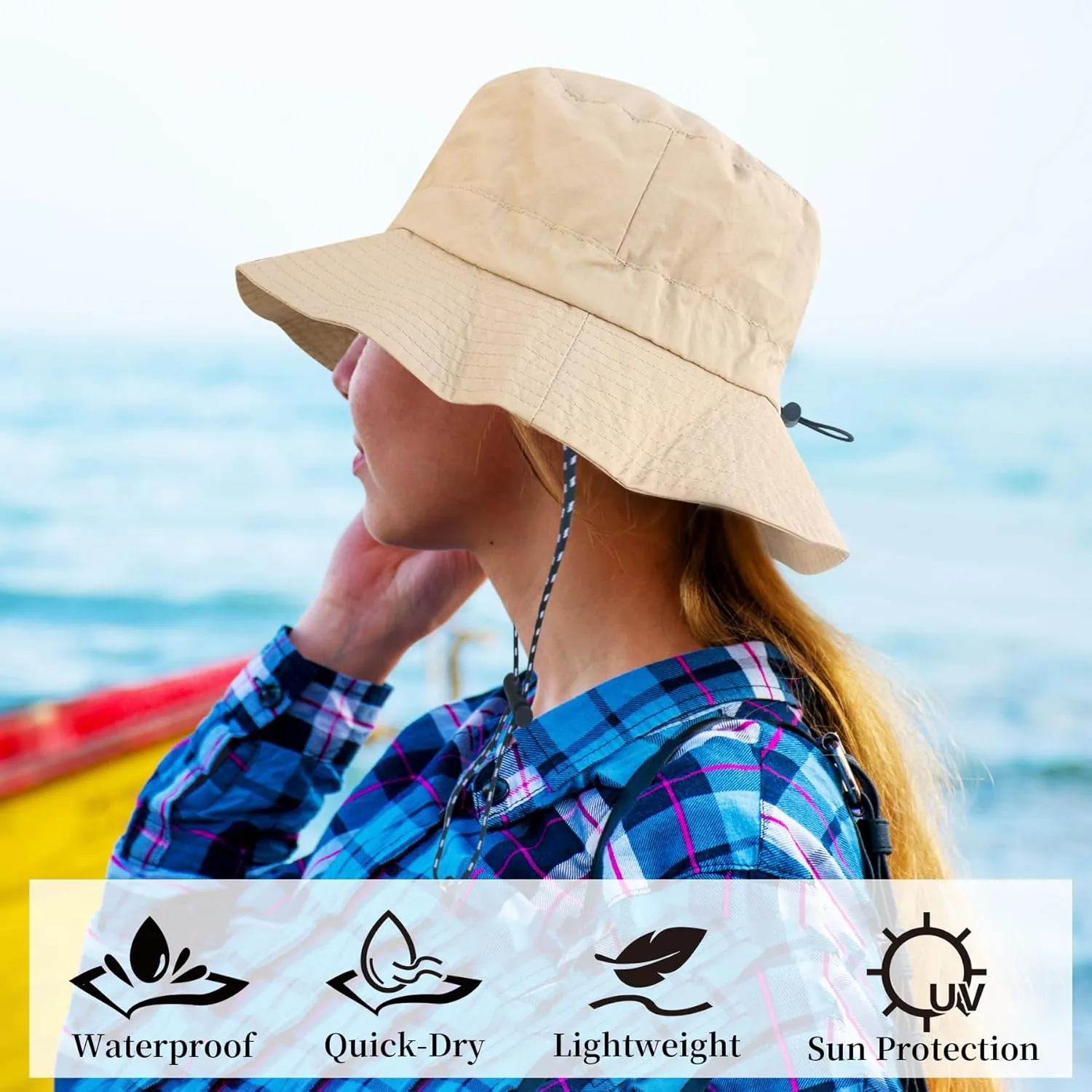 NPJY Packable Quick Dry Sun Bucket Hats for Women Lightweight Outdoor Waterproof Rain Hat with Detachable Chin Strap