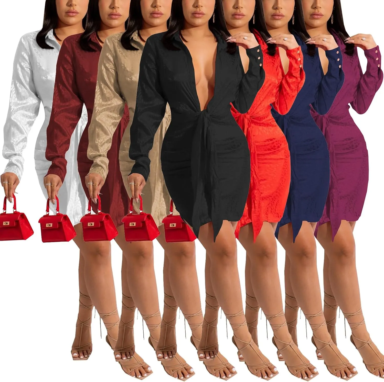 PaladMom Women's Casual Ruched Shirt Dress Sexy Deep V Neck Long Sleeve Button Down T-Shirts Blouse Wrap Dress
