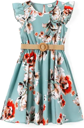 PATPAT Little Big Girls Dress Vintage Boho Floral Ruffle Short Sleeve Casual Swing Dress with Braided Belt