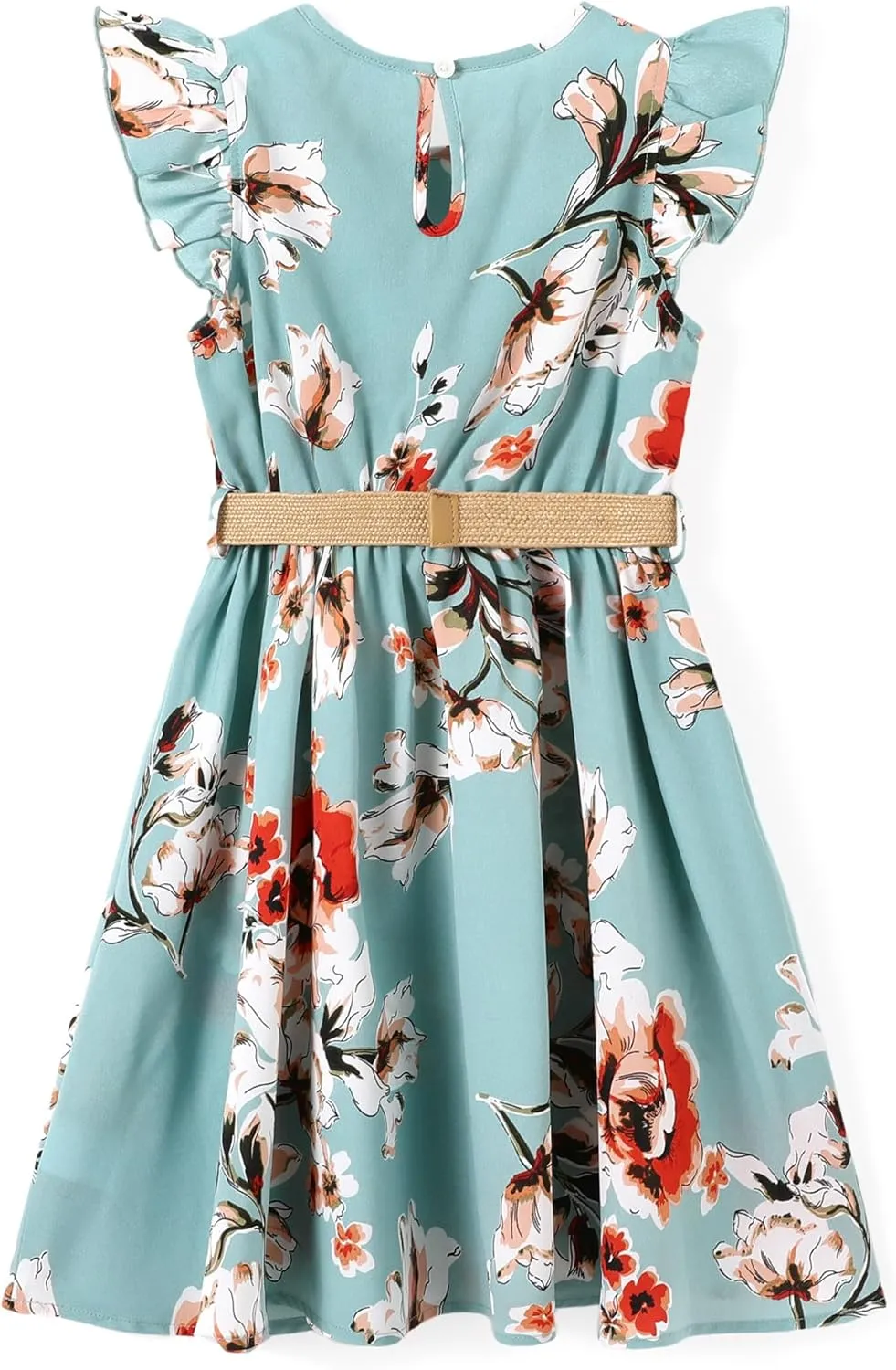 PATPAT Little Big Girls Dress Vintage Boho Floral Ruffle Short Sleeve Casual Swing Dress with Braided Belt