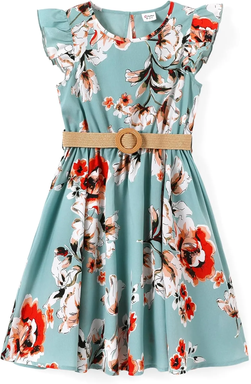 PATPAT Little Big Girls Dress Vintage Boho Floral Ruffle Short Sleeve Casual Swing Dress with Braided Belt