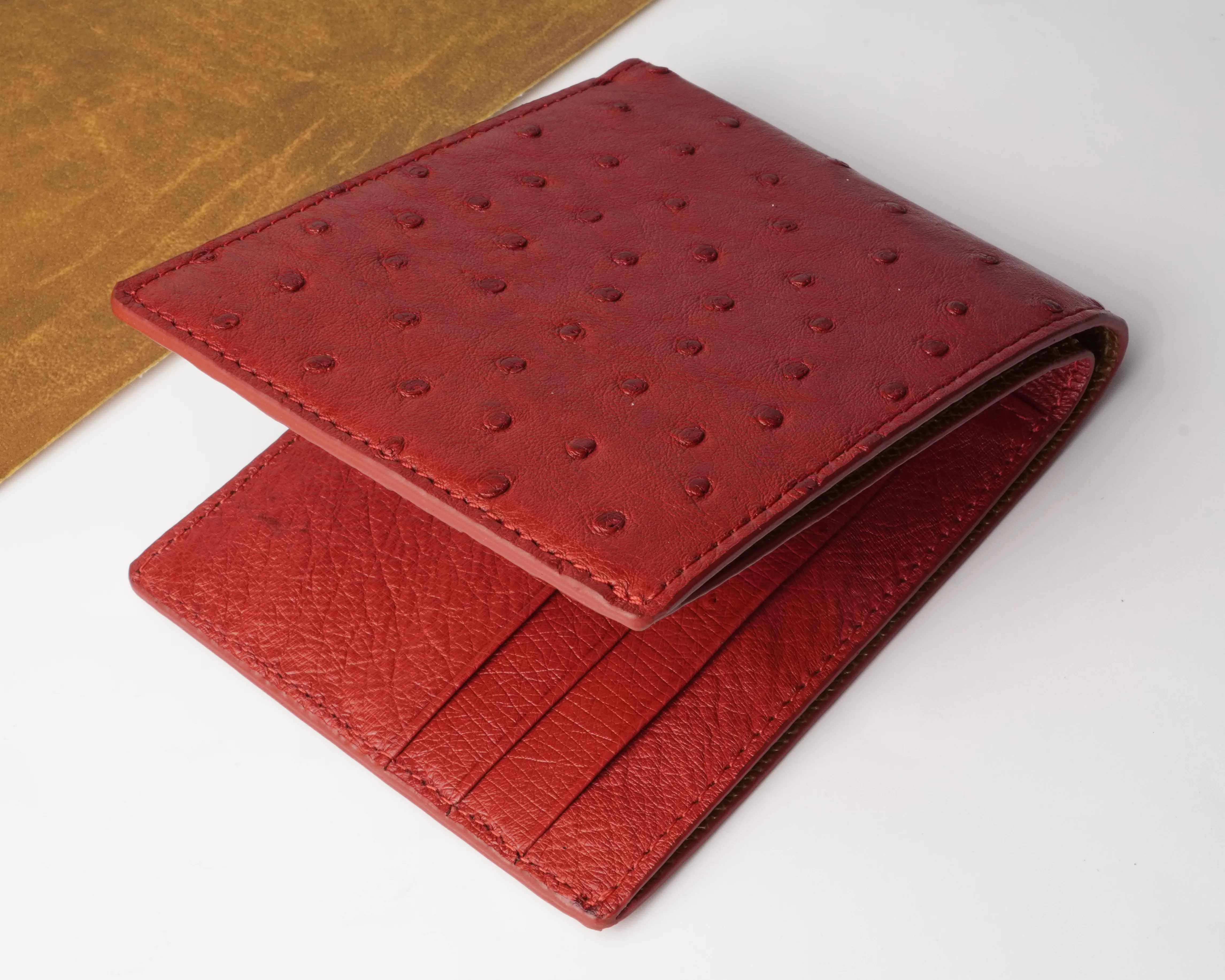 Red Handmade Double Side Ostrich Leather Bifold Wallet for Men | VINAMOS-07