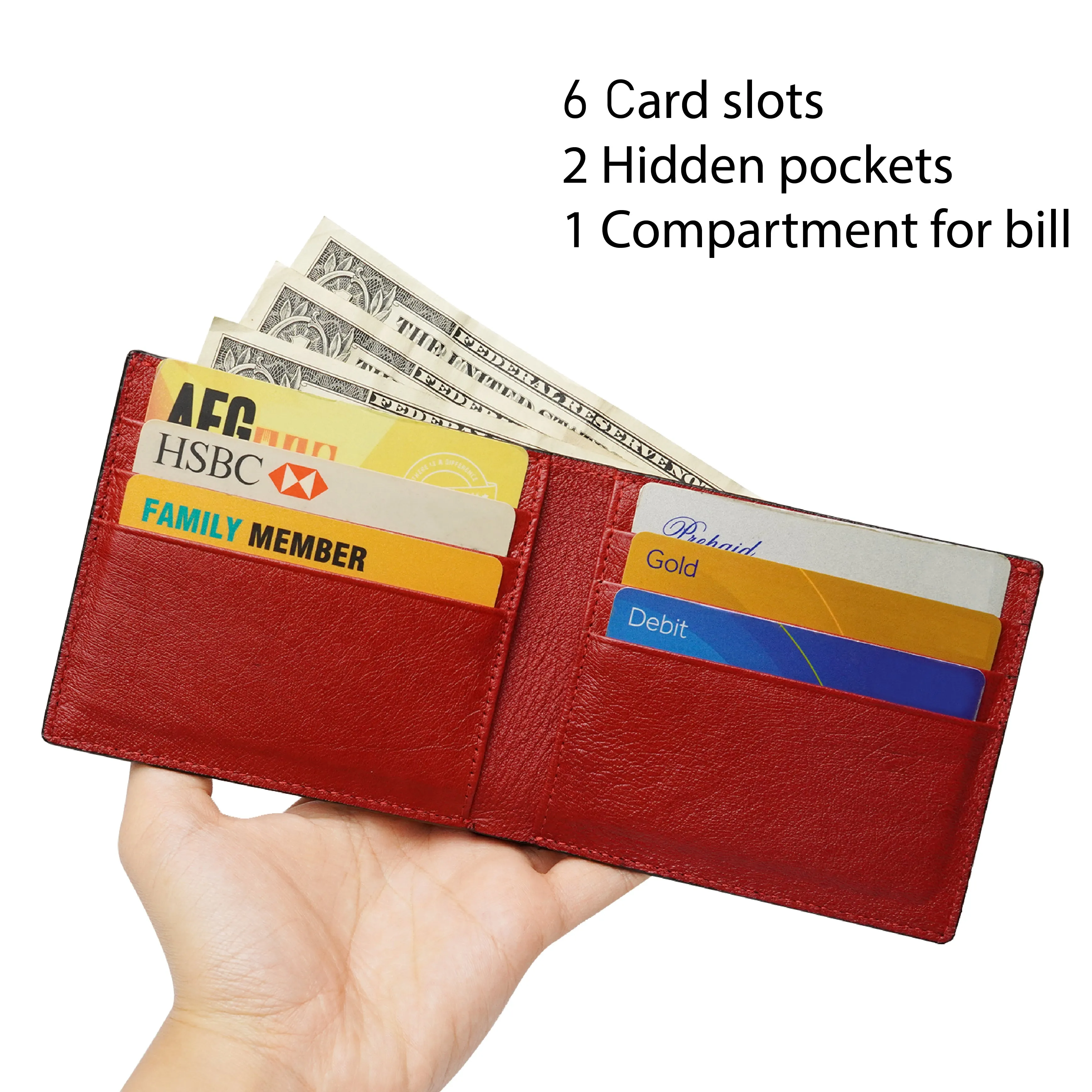 Red Handmade Double Side Ostrich Leather Bifold Wallet for Men | VINAMOS-07