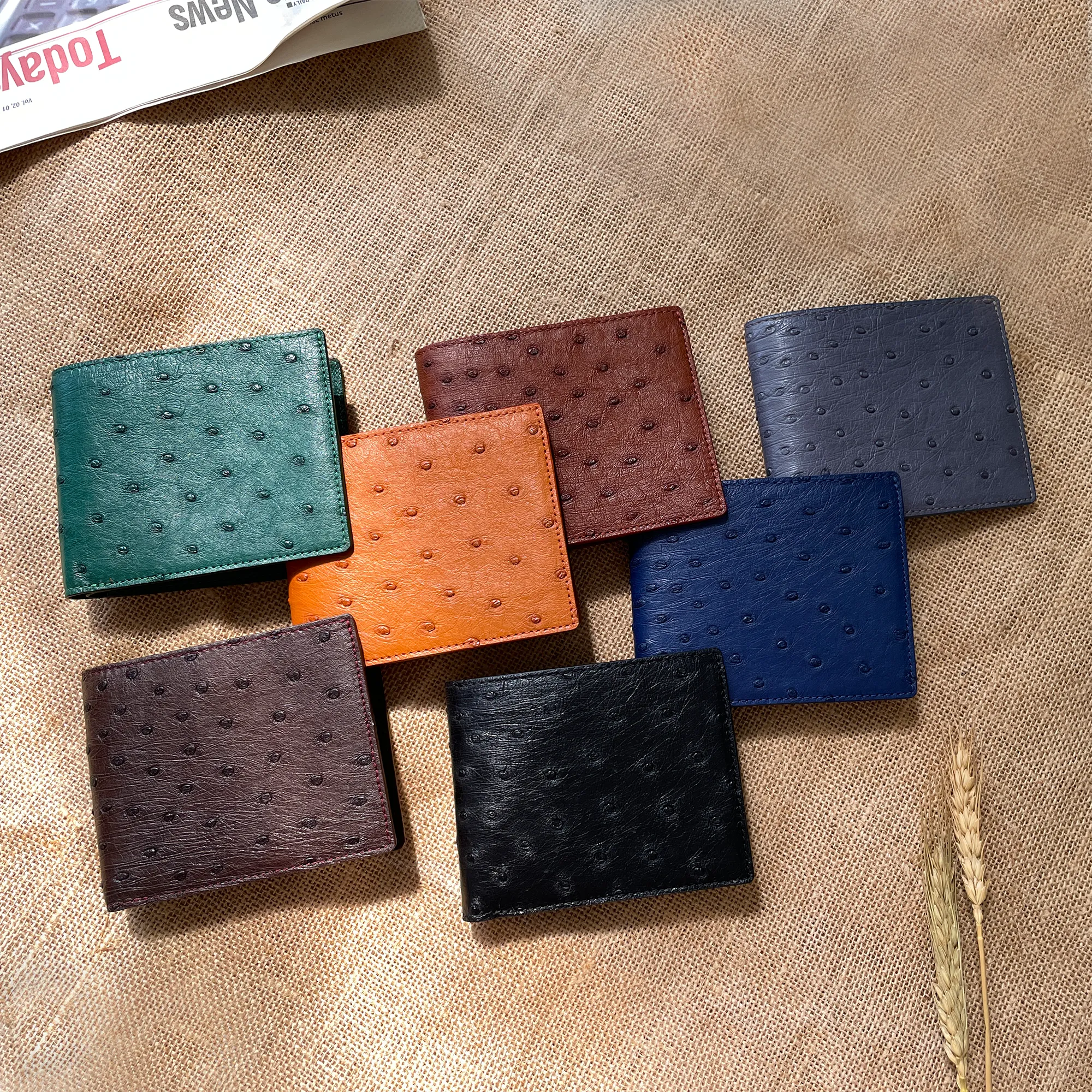 Red Handmade Double Side Ostrich Leather Bifold Wallet for Men | VINAMOS-07