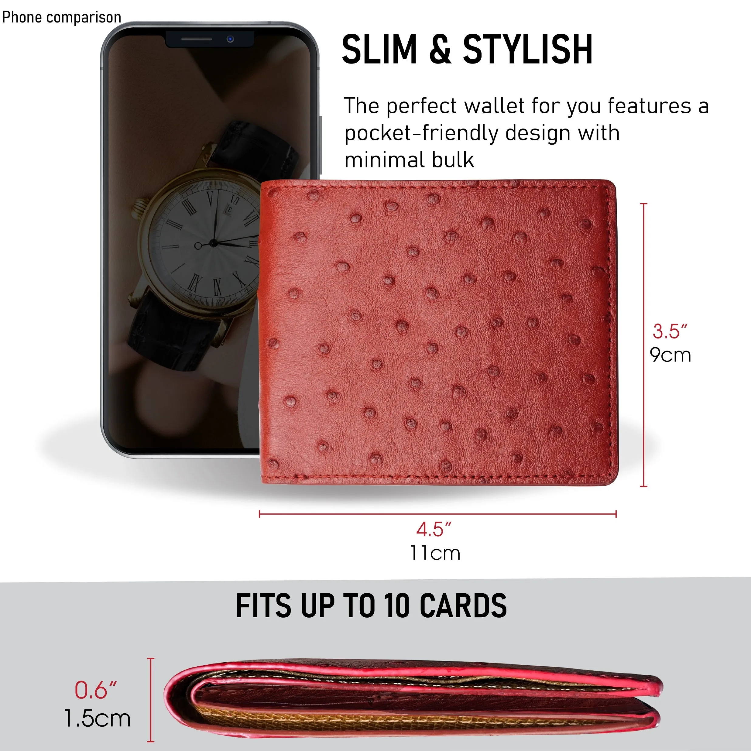 Red Handmade Double Side Ostrich Leather Bifold Wallet for Men | VINAMOS-07