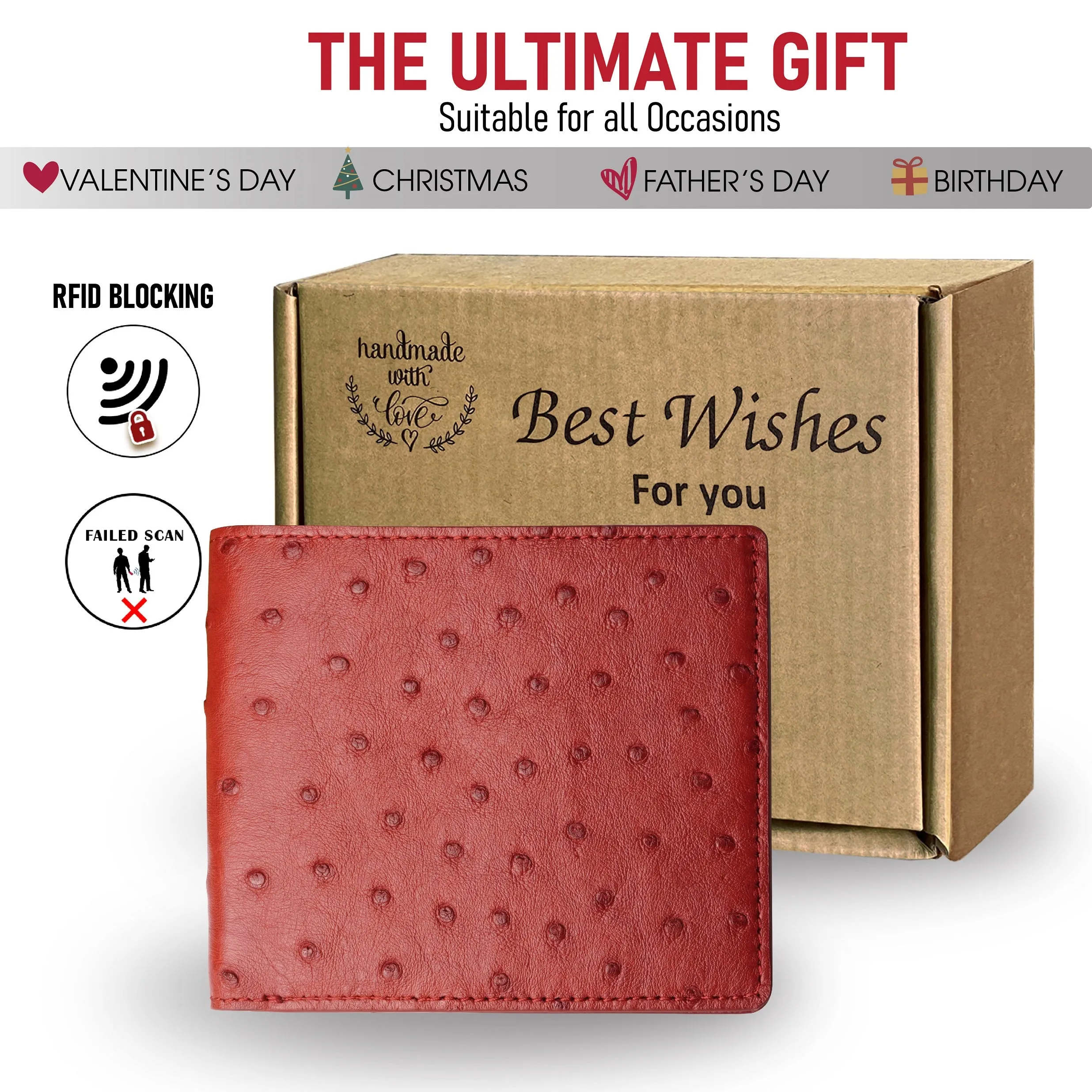 Red Handmade Double Side Ostrich Leather Bifold Wallet for Men | VINAMOS-07
