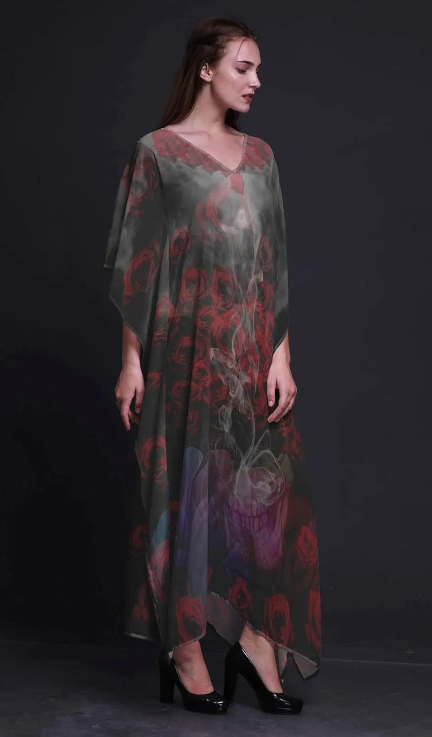 Rose & Skull Beach Kaftan Bikini Cover up Women Maxi Dress Long Caftan