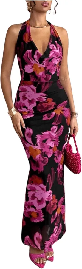 SOLY HUX Women's Floral Print Mesh Halter Bodycon Dress Cowl Neck Tie Backless Maxi Dresses