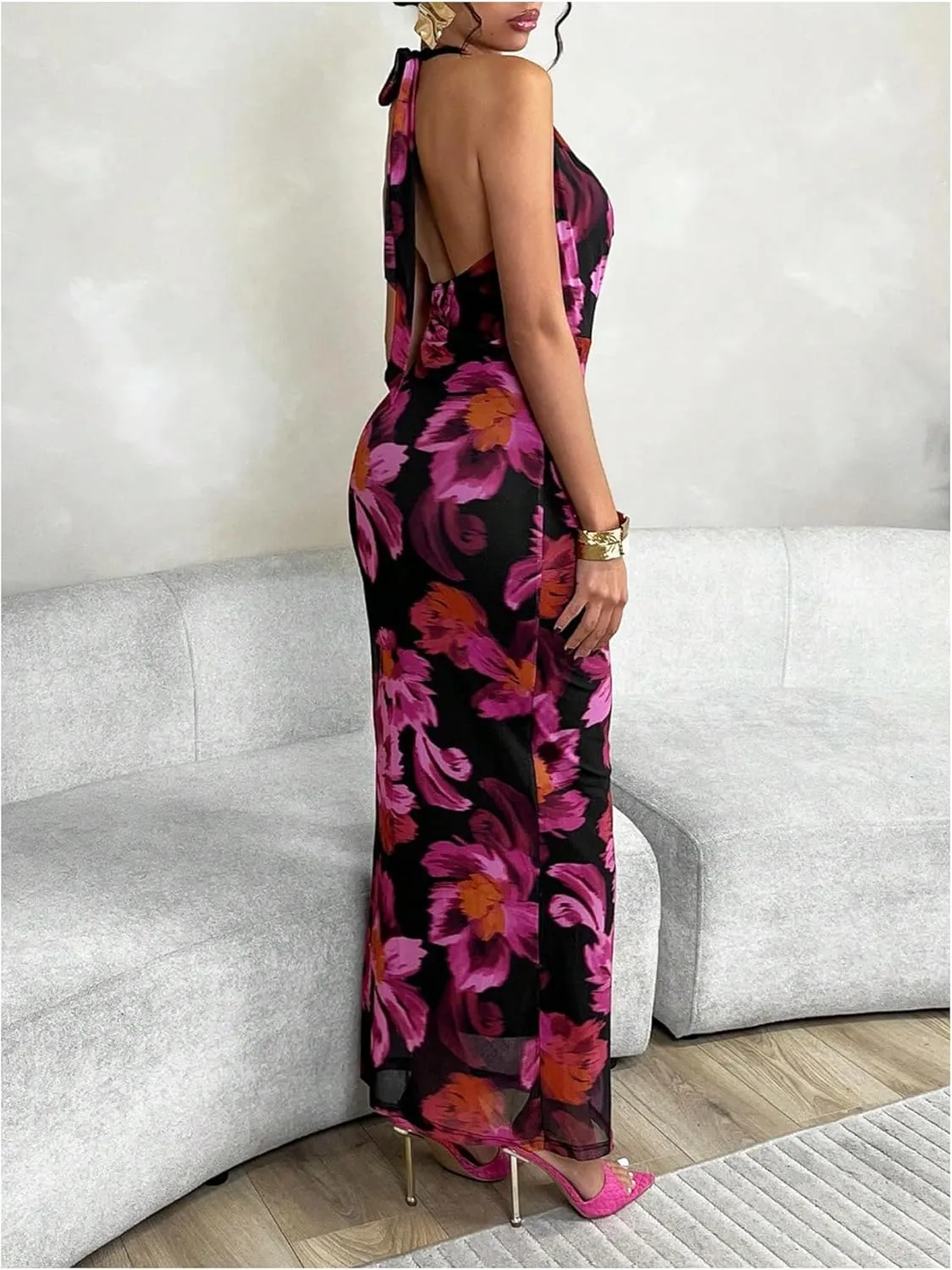 SOLY HUX Women's Floral Print Mesh Halter Bodycon Dress Cowl Neck Tie Backless Maxi Dresses