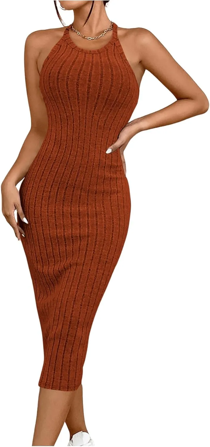 SOLY HUX Women's Midi Dress Halter Sleeveless Ribbed Knit Bodycon Summer Dresses