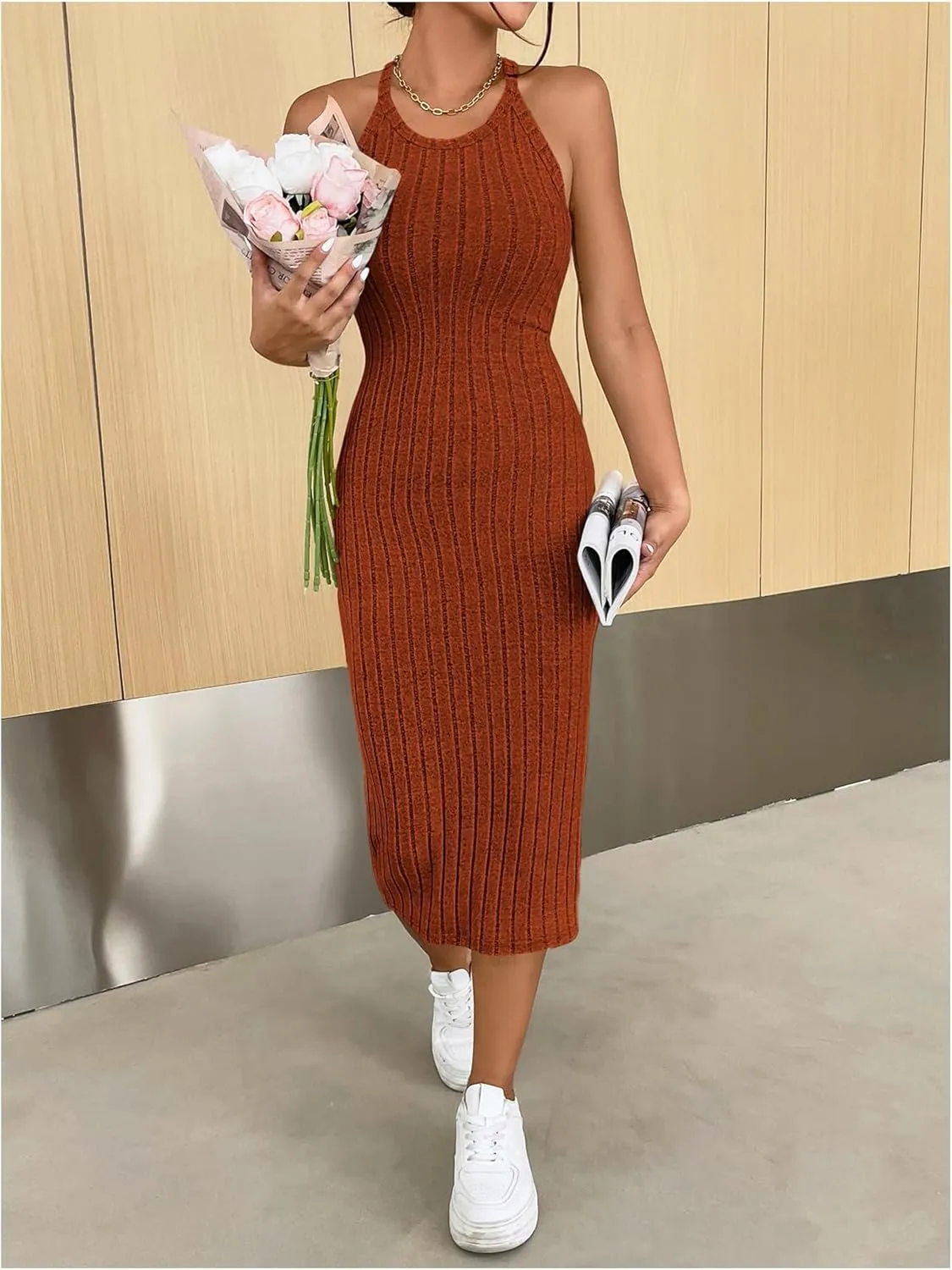 SOLY HUX Women's Midi Dress Halter Sleeveless Ribbed Knit Bodycon Summer Dresses