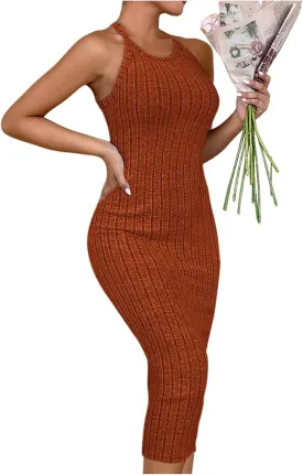 SOLY HUX Women's Midi Dress Halter Sleeveless Ribbed Knit Bodycon Summer Dresses