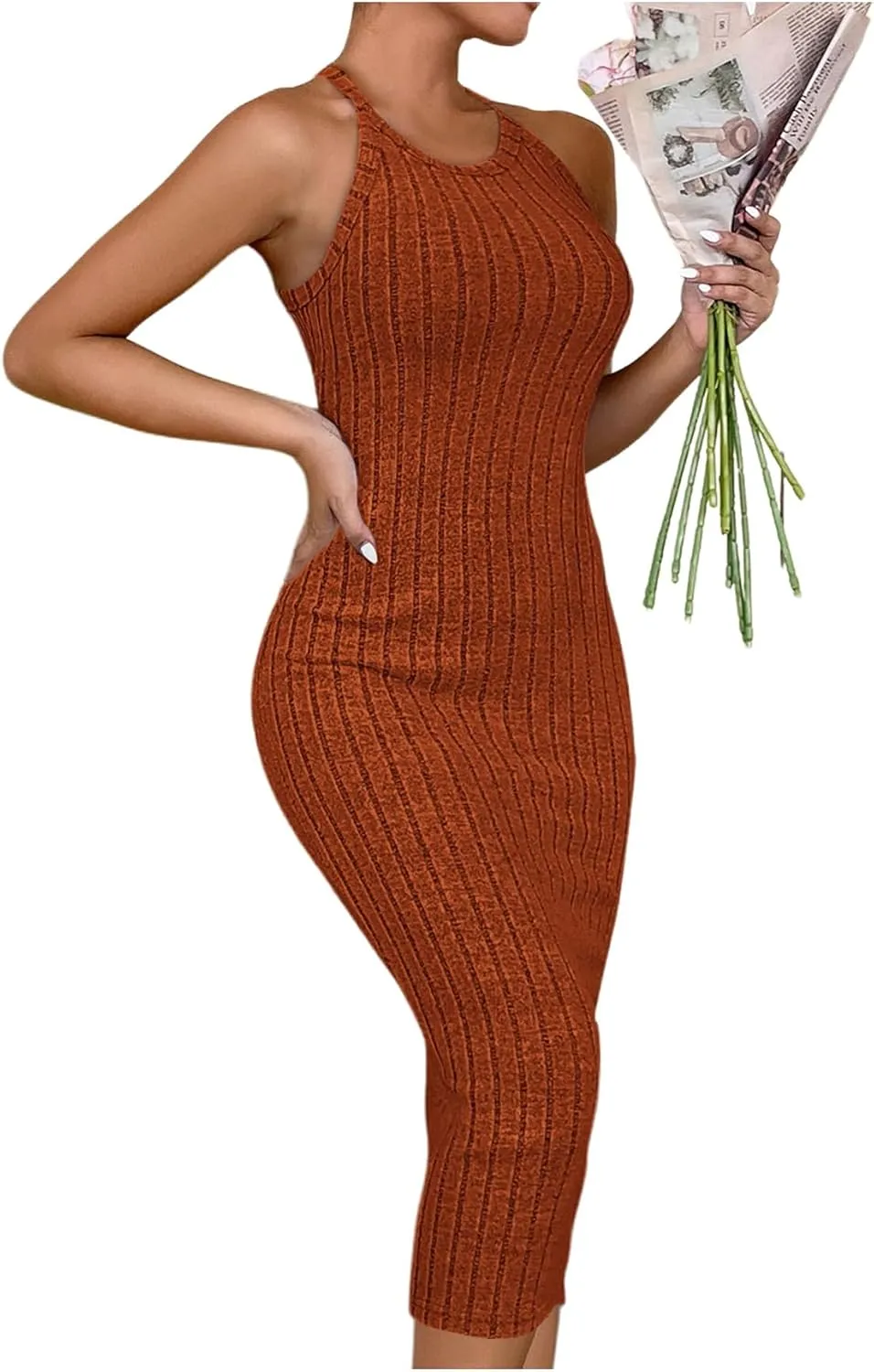 SOLY HUX Women's Midi Dress Halter Sleeveless Ribbed Knit Bodycon Summer Dresses