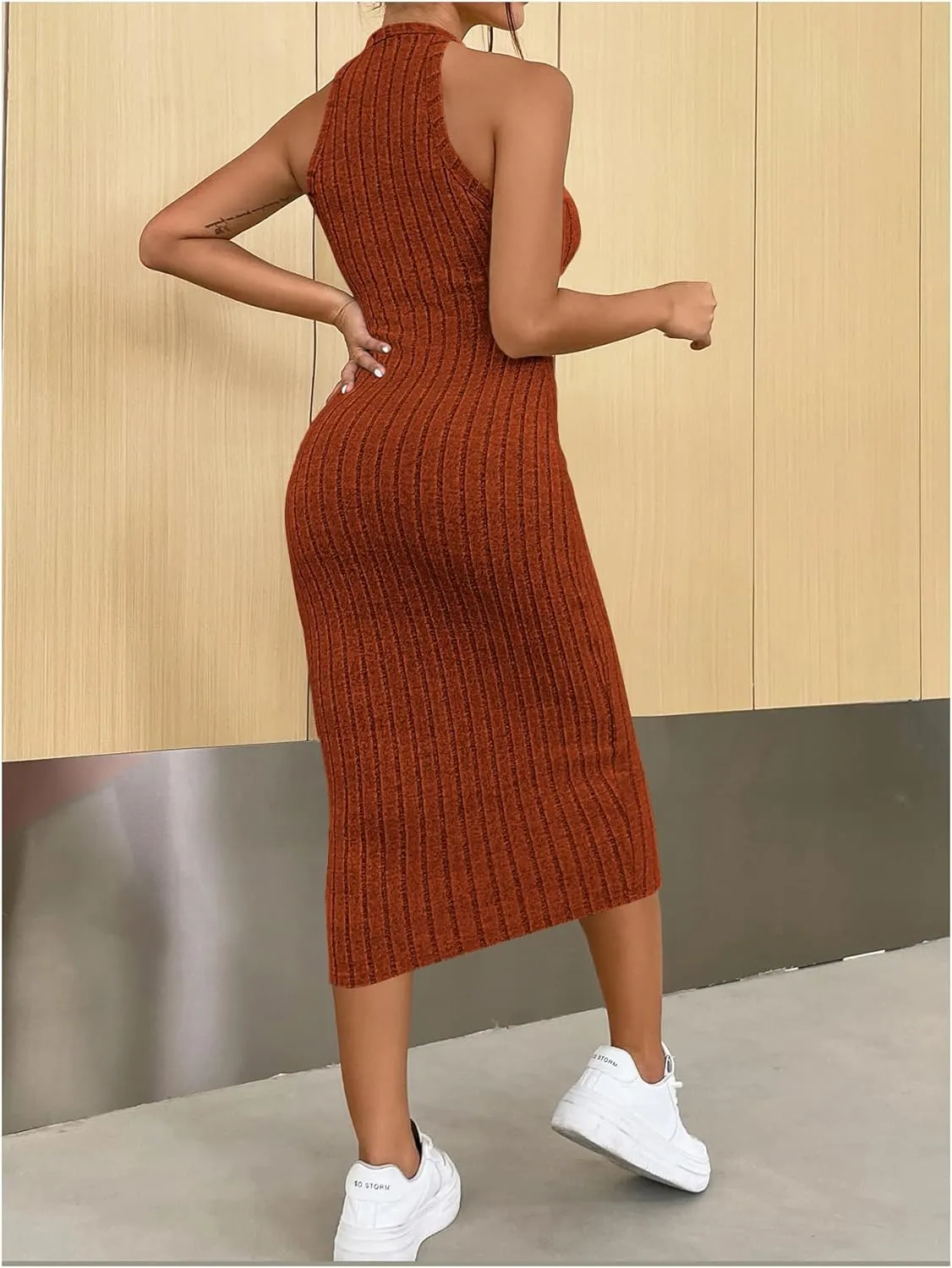 SOLY HUX Women's Midi Dress Halter Sleeveless Ribbed Knit Bodycon Summer Dresses