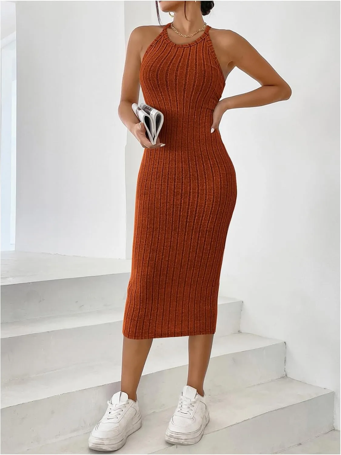 SOLY HUX Women's Midi Dress Halter Sleeveless Ribbed Knit Bodycon Summer Dresses
