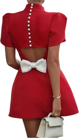 SOLY HUX Women's Mini Dress Cut Out Bow Mock Neck Puff Short Sleeve A Line Party Dresses