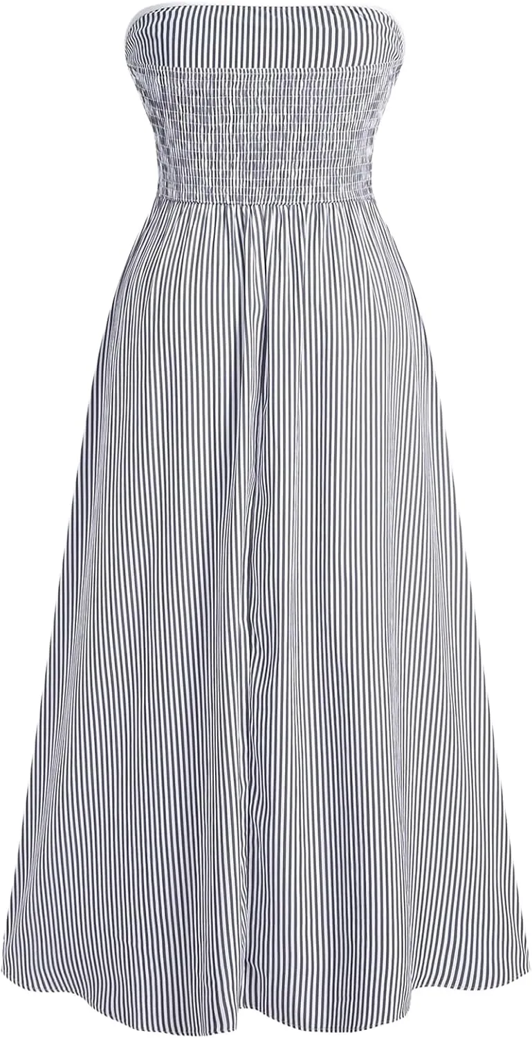 SOLY HUX Women's Plus Size Striped Tube Maxi Dress Strapless Sleeveless Ruched A Line Long Dresses