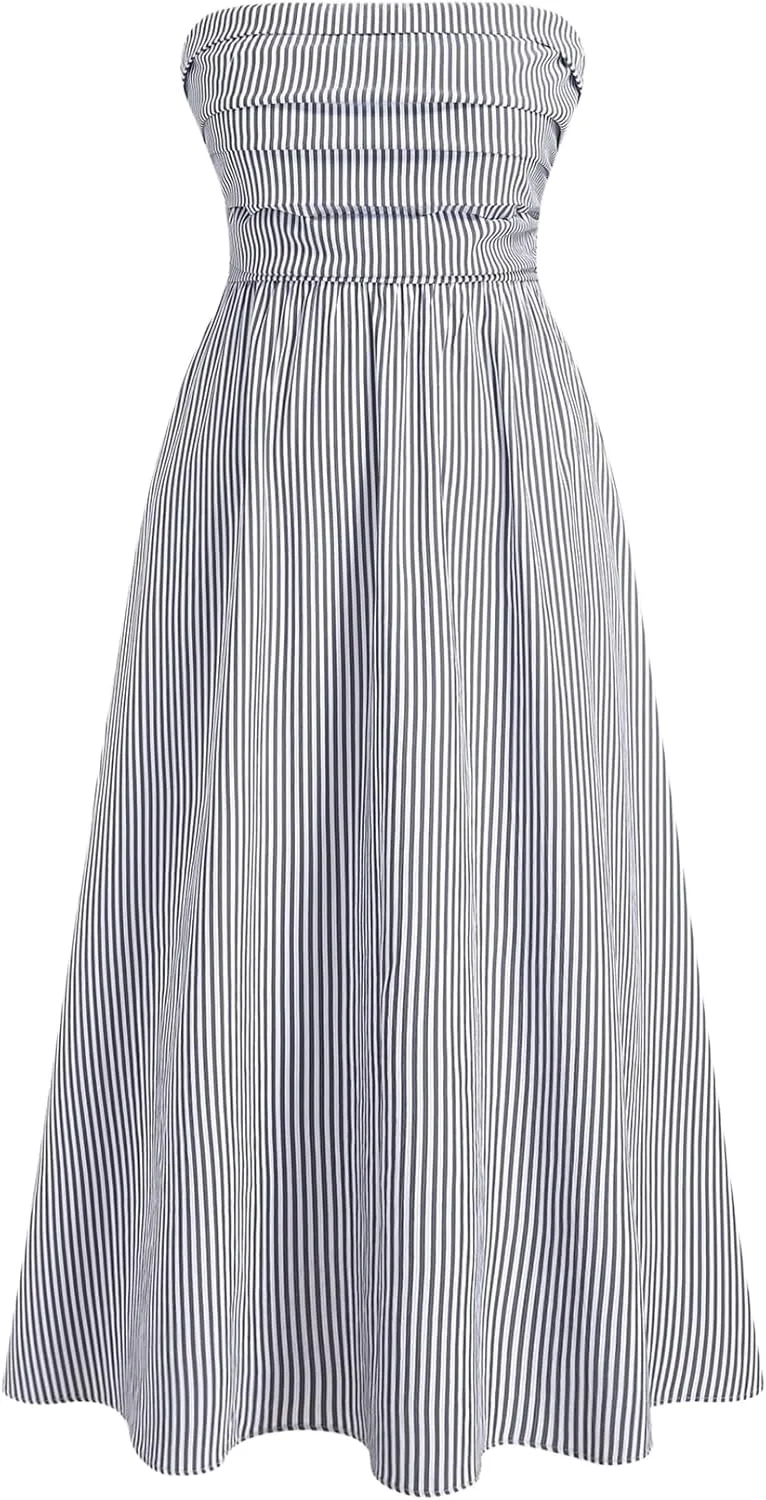 SOLY HUX Women's Plus Size Striped Tube Maxi Dress Strapless Sleeveless Ruched A Line Long Dresses