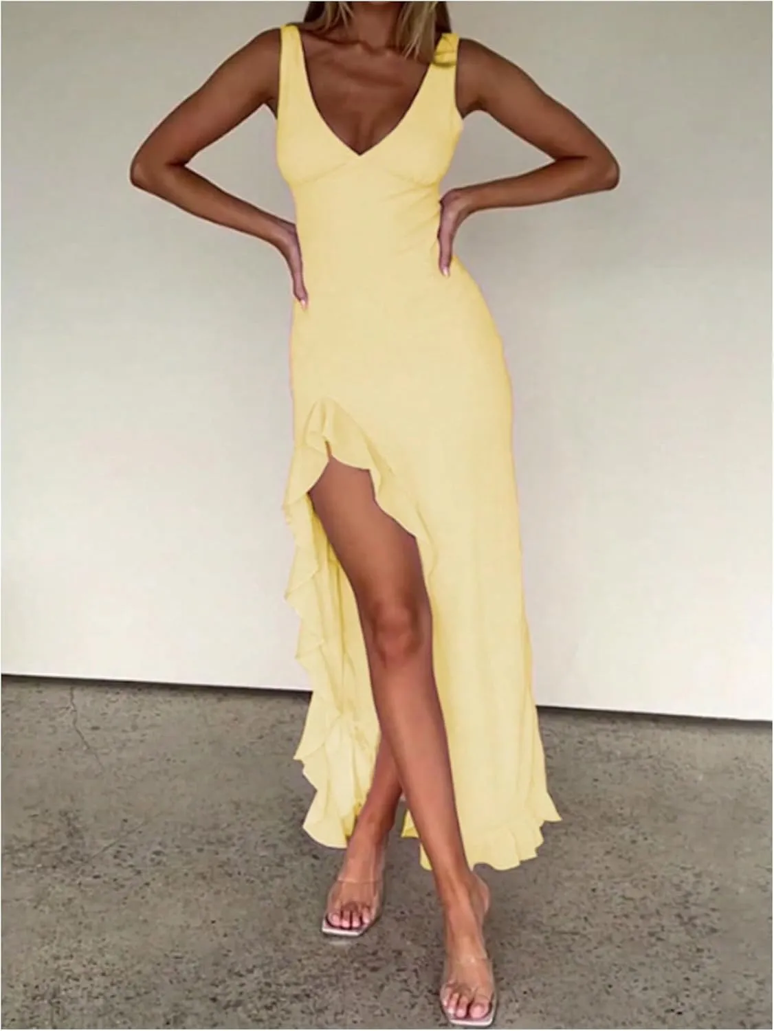 SOLY HUX Women's Sleeveless V Neck Ruffle Trim Split Hem Dress Bodycon Long Dresses
