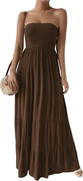 SOLY HUX Women's Strapless Tube Maxi Dress Shirred Sleeveless A Line Ruffle Hem Flowy Long Dresses Sundress