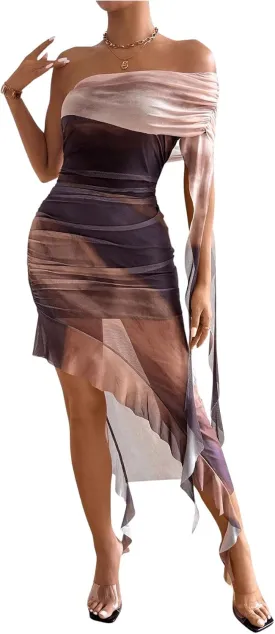 SOLY HUX Women's Tie Dye Mesh Irregular Ruffle Trim Bodycon Dress One Shoulder Short Sleeve Midi Dresses