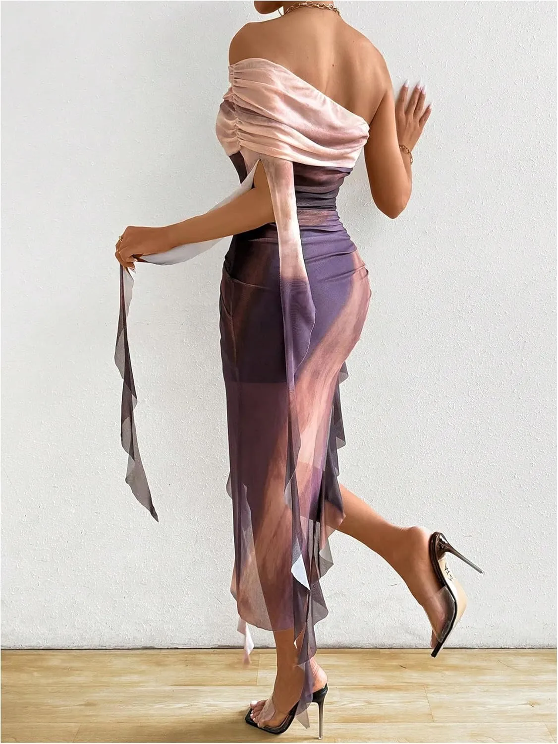 SOLY HUX Women's Tie Dye Mesh Irregular Ruffle Trim Bodycon Dress One Shoulder Short Sleeve Midi Dresses