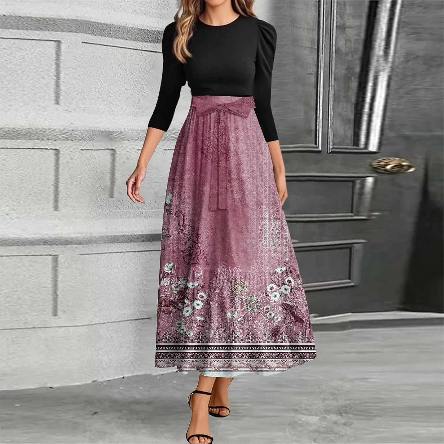 Summer Dresses for Women 2025 Elegant Classy 3/4 Length Sleeve Patchwork Flowy A Line Work Dresses Wedding Guest Wrap