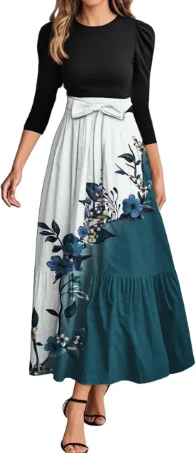Summer Dresses for Women 2025 Elegant Classy 3/4 Length Sleeve Patchwork Flowy A Line Work Dresses Wedding Guest Wrap