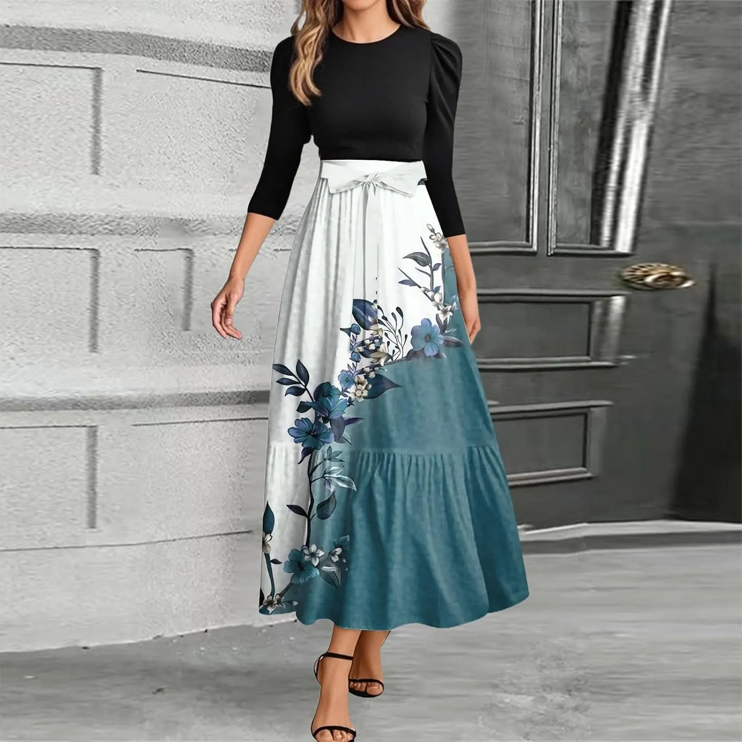 Summer Dresses for Women 2025 Elegant Classy 3/4 Length Sleeve Patchwork Flowy A Line Work Dresses Wedding Guest Wrap