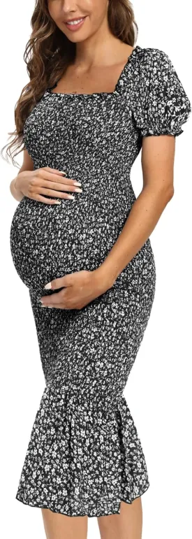 Summer Floral Midi Bodycon Maternity Dresses, Short Puff Sleeve Square Neck Ruffle Hem Mermaid Baby Shower Dress