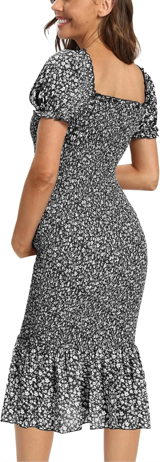 Summer Floral Midi Bodycon Maternity Dresses, Short Puff Sleeve Square Neck Ruffle Hem Mermaid Baby Shower Dress