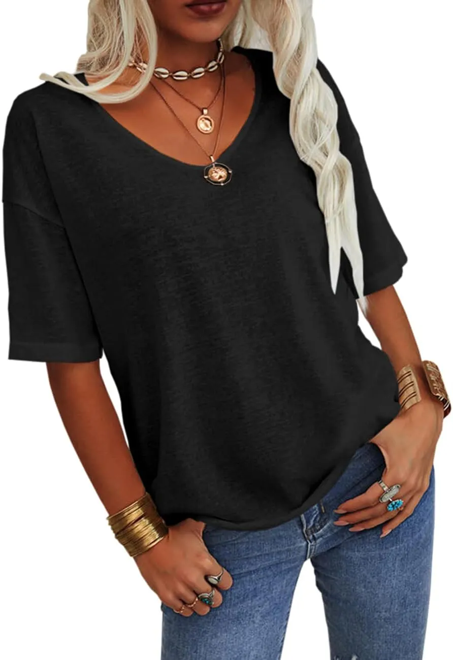 Tankaneo Women's Summer Fashion V-Neck Half Sleeves T Shirt Solid Casual Loose Basic Tunics Tops