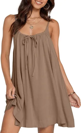 TARSE Womens Linen Mini Dress Summer Sleeveless Backless Loose Short Sundress Casual Flowy Beach Dress with Pockets