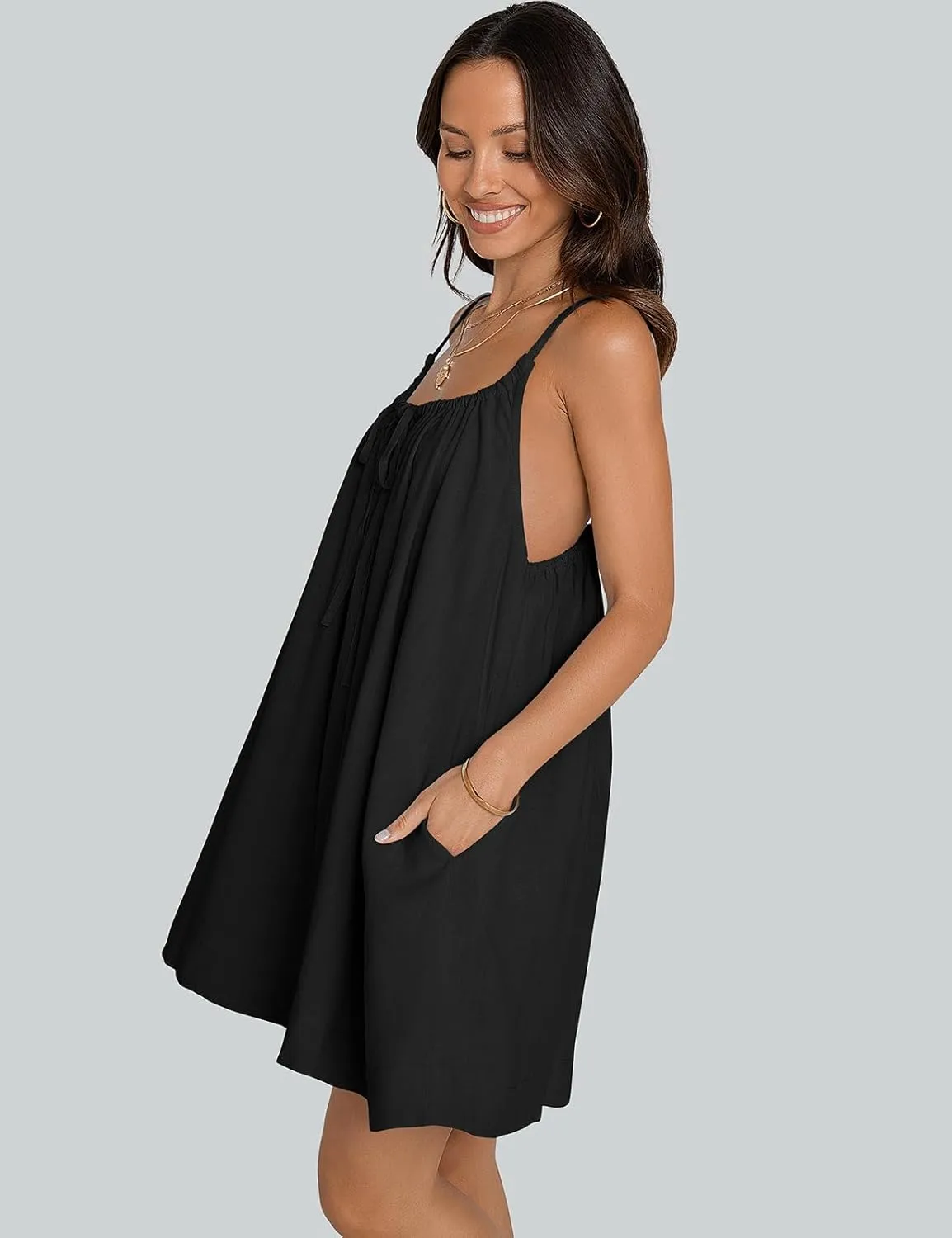 TARSE Womens Linen Mini Dress Summer Sleeveless Backless Loose Short Sundress Casual Flowy Beach Dress with Pockets