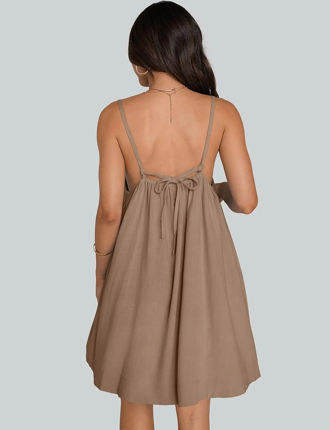 TARSE Womens Linen Mini Dress Summer Sleeveless Backless Loose Short Sundress Casual Flowy Beach Dress with Pockets