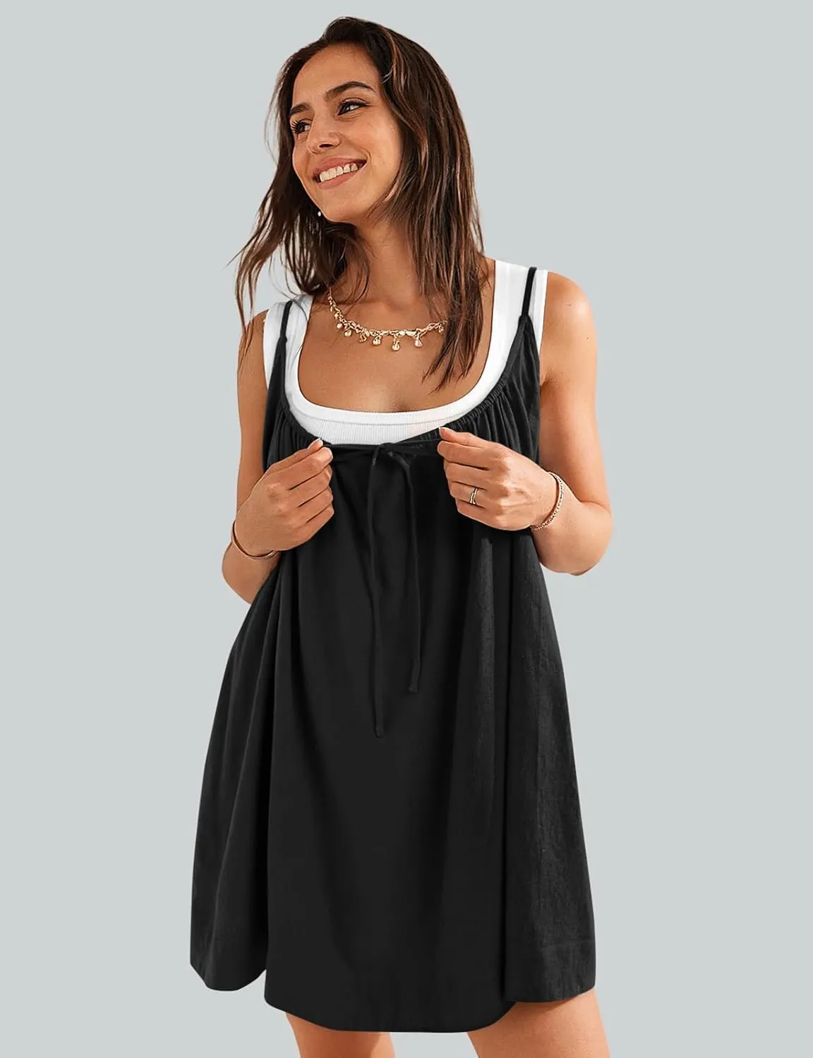 TARSE Womens Linen Mini Dress Summer Sleeveless Backless Loose Short Sundress Casual Flowy Beach Dress with Pockets