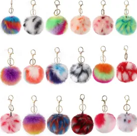 Unpafcxddyig 18PCS Pom Poms Keychains Fluffy Rainbow Colorful Pompoms Keyring Faux Rabbit Fur Key Chain for Car Bag Charm