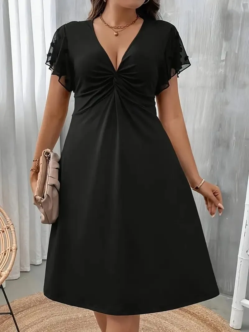 V-Neck Ruffle Sleeve Midi Dress for Women Waist-Cinching Chest Kink Women's Dress