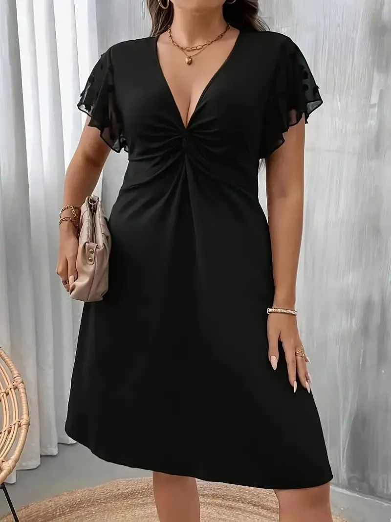 V-Neck Ruffle Sleeve Midi Dress for Women Waist-Cinching Chest Kink Women's Dress