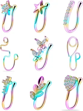 Vsnnsns Fake Nose Rings for Women Clip On Nose Ring Stainless Steel Nose Cuffs Faux Nose Ring Non Fake Nose Piercing for Women Men Black Rainbow Rose Gold 9PCS